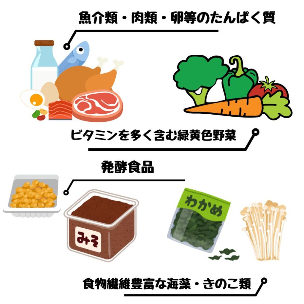 魚介類・肉類・卵等のたんぱく質
ビタミンを多く含む緑黄色野菜
発酵食品
食物繊維豊富な海藻・きのこ類