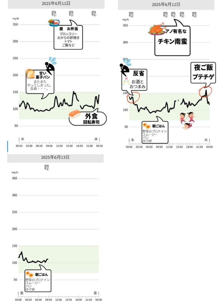 血糖値乱高下　血糖値スパイク　2025年6月11日～6月13日