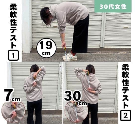 30代女性スタッフ：・・・体が硬いようです。床から15㎝以上も距離があります。
また肩周りも硬い結果に。